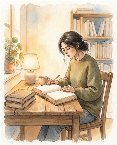 Watercolor illustration of a student studying at a desk with books, centered subject with a simple uncluttered composition, warm golden light, calm mood, 4:5 aspect ratio