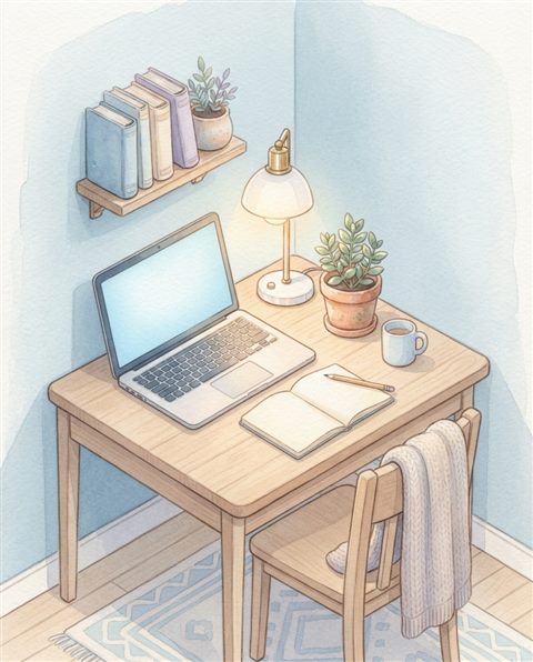 Watercolor illustration of Cozy isometric 3D render of a student's desk with an open laptop, glowing desk lamp, and potted plant, pastel colors, soft cozy mood, 16:9 aspect ratio, centered subject with a simple uncluttered composition, cool blue tones, quiet atmosphere, 4:5 aspect ratio
