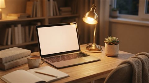 Photorealistic photo of Cozy isometric 3D render of a student's desk with an open laptop, glowing desk lamp, and potted plant, pastel colors, soft cozy mood, 16:9 aspect ratio, close-up detail with shallow depth of field, warm golden light, calm mood, 16:9 aspect ratio