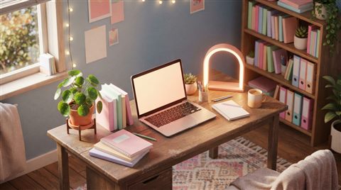 Cinematic film still of Cozy isometric 3D render of a student's desk with an open laptop, glowing desk lamp, and potted plant, pastel colors, soft cozy mood, 16:9 aspect ratio, wide shot with open space at the top for text, vivid colors, high contrast, energetic, 16:9 aspect ratio