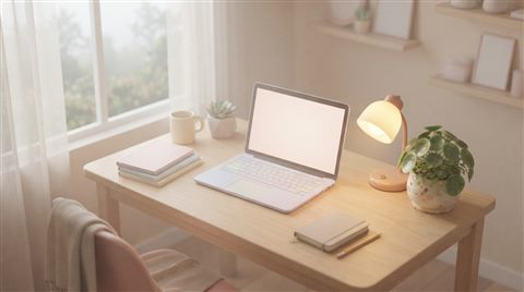 Soft 3D render of Cozy isometric 3D render of a student's desk with an open laptop, glowing desk lamp, and potted plant, pastel colors, soft cozy mood, 16:9 aspect ratio, close-up detail with shallow depth of field, misty morning haze, dreamy, 16:9 aspect ratio