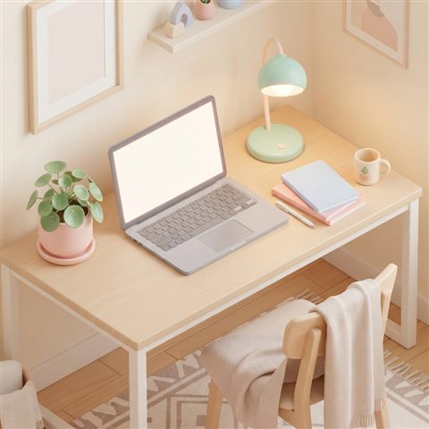 Minimal flat illustration of Cozy isometric 3D render of a student's desk with an open laptop, glowing desk lamp, and potted plant, pastel colors, soft cozy mood, 16:9 aspect ratio, high-angle view from above, soft pastel colors, bright and cozy, 1:1 aspect ratio