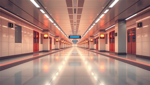 Minimal flat illustration of A clean, empty modern subway platform with glowing lights reflecting on the polished floor., close-up detail with shallow depth of field, soft pastel colors, bright and cozy, 16:9 aspect ratio