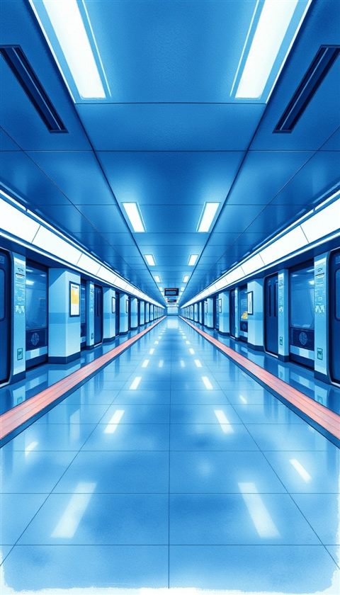 Watercolor illustration of A clean, empty modern subway platform with glowing lights reflecting on the polished floor., wide shot with open space at the top for text, cool blue tones, quiet atmosphere, 9:16 aspect ratio