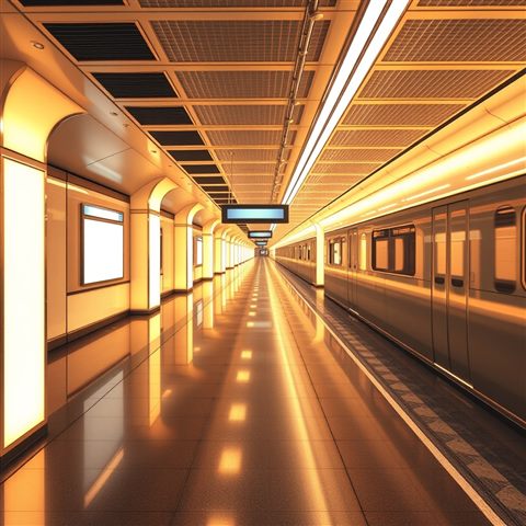 Photorealistic photo of A clean, empty modern subway platform with glowing lights reflecting on the polished floor., high-angle view from above, warm golden light, calm mood, 1:1 aspect ratio