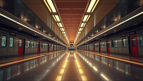 Cinematic film still of A clean, empty modern subway platform with glowing lights reflecting on the polished floor., wide shot with open space at the top for text, vivid colors, high contrast, energetic, 16:9 aspect ratio