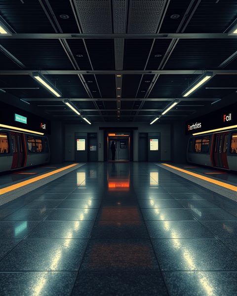 Photorealistic photo of A clean, empty modern subway platform with glowing lights reflecting on the polished floor., centered subject with a simple uncluttered composition, moody dark tones, dramatic lighting, 4:5 aspect ratio