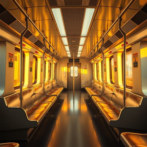 Photorealistic photo of A clean, empty modern subway train interior with symmetrical seating and warm lighting., wide shot with open space at the top for text, warm golden light, calm mood, 1:1 aspect ratio