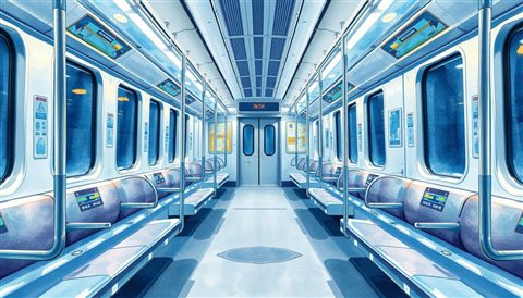 Watercolor illustration of A clean, empty modern subway train interior with symmetrical seating and warm lighting., close-up detail with shallow depth of field, cool blue tones, quiet atmosphere, 16:9 aspect ratio