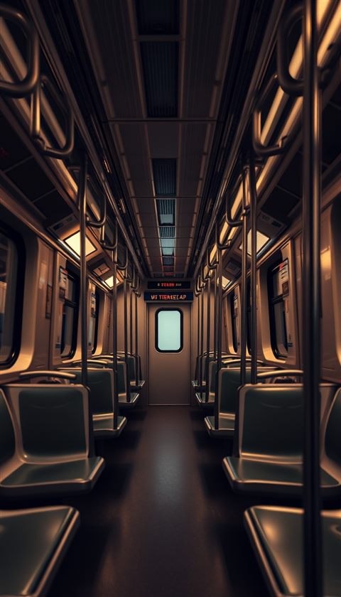 Photorealistic photo of A clean, empty modern subway train interior with symmetrical seating and warm lighting., close-up detail with shallow depth of field, moody dark tones, dramatic lighting, 9:16 aspect ratio