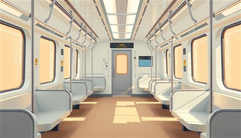Minimal flat illustration of A clean, empty modern subway train interior with symmetrical seating and warm lighting., centered subject with a simple uncluttered composition, soft pastel colors, bright and cozy, 16:9 aspect ratio