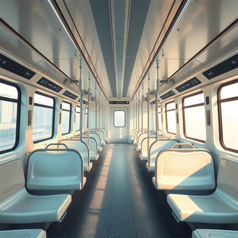 Soft 3D render of A clean, empty modern subway train interior with symmetrical seating and warm lighting., wide shot with open space at the top for text, misty morning haze, dreamy, 1:1 aspect ratio