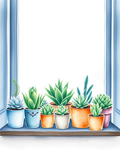 Watercolor illustration of A collection of small potted succulent plants with thick green leaves sitting on a windowsill, wide shot with open space at the top for text, cool blue tones, quiet atmosphere, 4:5 aspect ratio