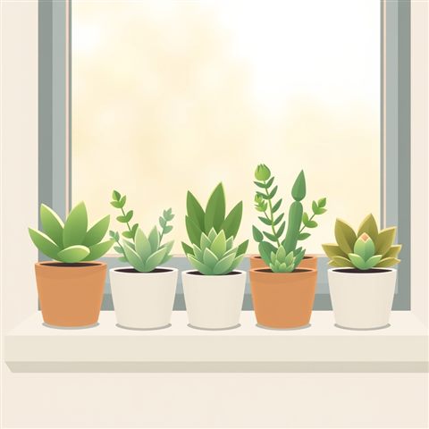 Minimal flat illustration of A collection of small potted succulent plants with thick green leaves sitting on a windowsill, close-up detail with shallow depth of field, soft pastel colors, bright and cozy, 1:1 aspect ratio
