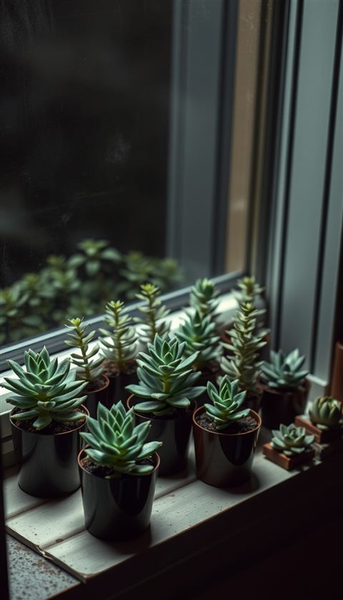 Photorealistic photo of A collection of small potted succulent plants with thick green leaves sitting on a windowsill, centered subject with a simple uncluttered composition, moody dark tones, dramatic lighting, 9:16 aspect ratio