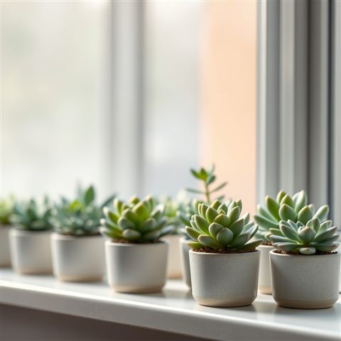 Soft 3D render of A collection of small potted succulent plants with thick green leaves sitting on a windowsill, close-up detail with shallow depth of field, misty morning haze, dreamy, 1:1 aspect ratio