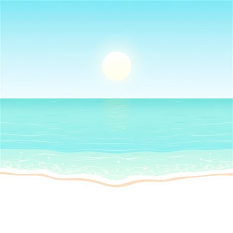Minimal flat illustration of Crystal clear turquoise ocean water gently washing onto white sandy shores under a brilliant summer sun., centered subject with a simple uncluttered composition, soft pastel colors, bright and cozy, 1:1 aspect ratio