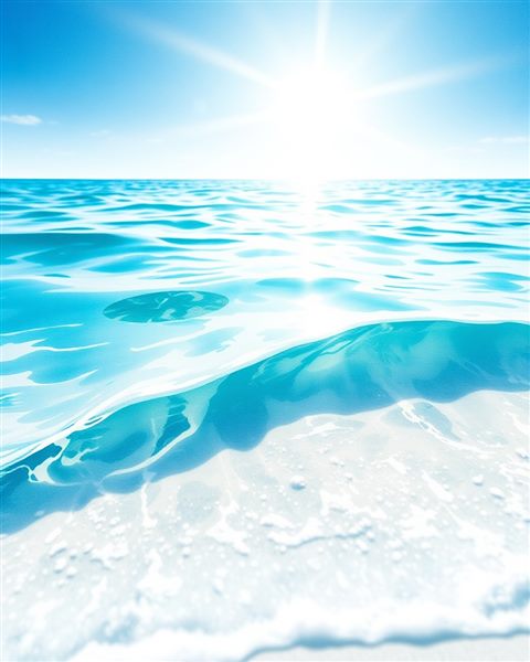 Watercolor illustration of Crystal clear turquoise ocean water gently washing onto white sandy shores under a brilliant summer sun., close-up detail with shallow depth of field, cool blue tones, quiet atmosphere, 4:5 aspect ratio