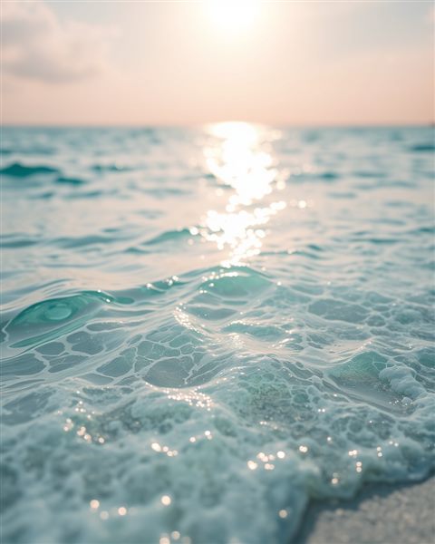 Photorealistic photo of Crystal clear turquoise ocean water gently washing onto white sandy shores under a brilliant summer sun., close-up detail with shallow depth of field, moody dark tones, dramatic lighting, 4:5 aspect ratio