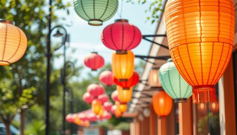 Minimal flat illustration of Colorful paper lanterns hanging vibrantly along an outdoor walkway during a sunny summer day, close-up detail with shallow depth of field, soft pastel colors, bright and cozy, 16:9 aspect ratio