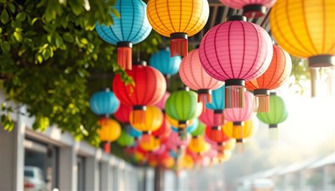 Soft 3D render of Colorful paper lanterns hanging vibrantly along an outdoor walkway during a sunny summer day, close-up detail with shallow depth of field, misty morning haze, dreamy, 16:9 aspect ratio