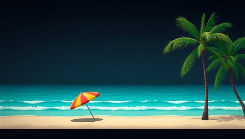 Photorealistic photo of A flat vector illustration of a tropical beach with turquoise waves, a colorful parasol, and green palm trees., wide shot with open space at the top for text, moody dark tones, dramatic lighting, 16:9 aspect ratio