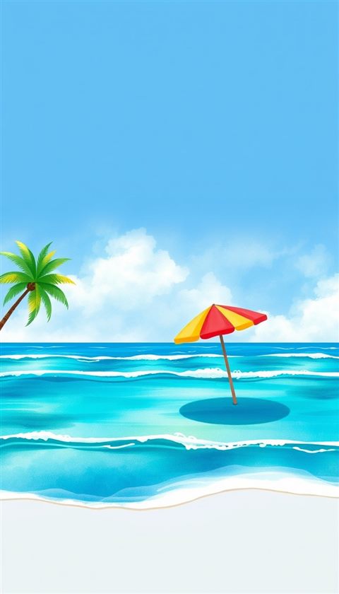 Watercolor illustration of A flat vector illustration of a tropical beach with turquoise waves, a colorful parasol, and green palm trees., wide shot with open space at the top for text, cool blue tones, quiet atmosphere, 9:16 aspect ratio