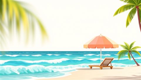 Minimal flat illustration of A flat vector illustration of a tropical beach with turquoise waves, a colorful parasol, and green palm trees., close-up detail with shallow depth of field, soft pastel colors, bright and cozy, 16:9 aspect ratio