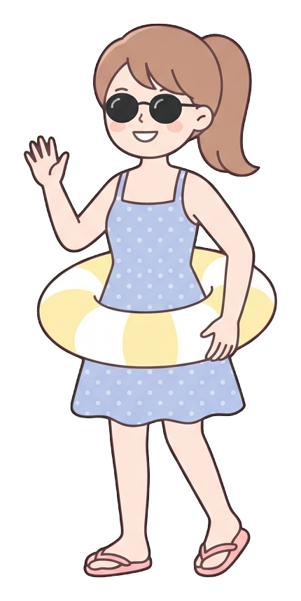 Simple cute flat cartoon illustration with soft pastel colors and thin clean dark outlines of a young woman, person in summer clothes with a swim ring and sunglasses, transparent background PNG