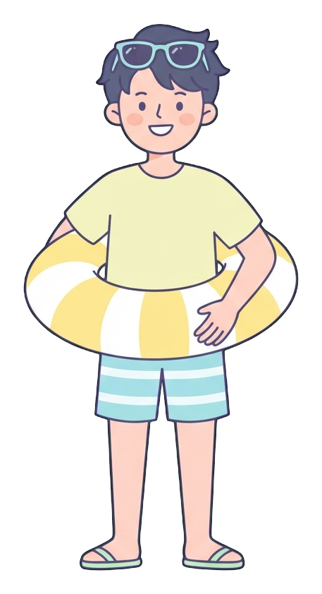Simple cute flat cartoon illustration with soft pastel colors and thin clean dark outlines of a young man, person in summer clothes with a swim ring and sunglasses, transparent background PNG
