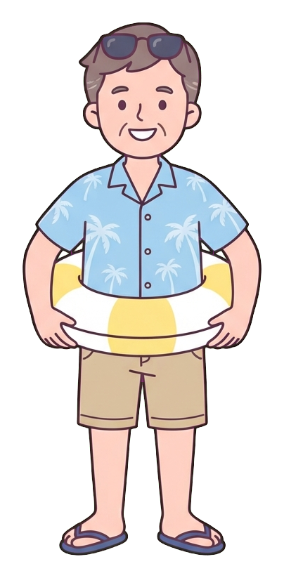 Simple cute flat cartoon illustration with soft pastel colors and thin clean dark outlines of a middle-aged man, person in summer clothes with a swim ring and sunglasses, transparent background PNG