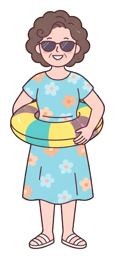 Simple cute flat cartoon illustration with soft pastel colors and thin clean dark outlines of a middle-aged woman, person in summer clothes with a swim ring and sunglasses, transparent background PNG