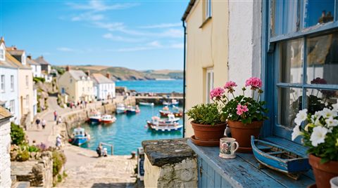 Cinematic film still of small seaside town under a clear blue summer sky, close-up detail with shallow depth of field, soft pastel colors, bright and cozy, 16:9 aspect ratio
