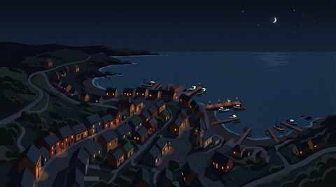 Minimal flat illustration of small seaside town under a clear blue summer sky, high-angle view from above, moody dark tones, dramatic lighting, 16:9 aspect ratio