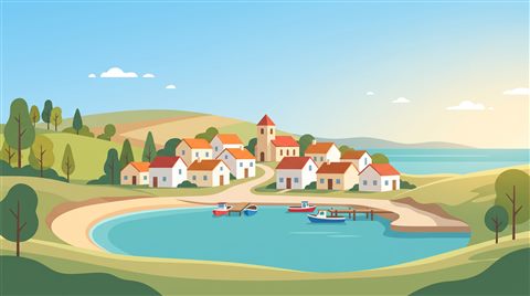 Minimal flat illustration of small seaside town under a clear blue summer sky, centered subject with a simple uncluttered composition, warm golden light, calm mood, 16:9 aspect ratio