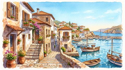 Watercolor illustration of small seaside town under a clear blue summer sky, close-up detail with shallow depth of field, warm golden light, calm mood, 16:9 aspect ratio