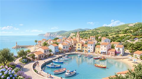 Soft 3d render of small seaside town under a clear blue summer sky, centered subject with a simple uncluttered composition, soft pastel colors, bright and cozy, 16:9 aspect ratio