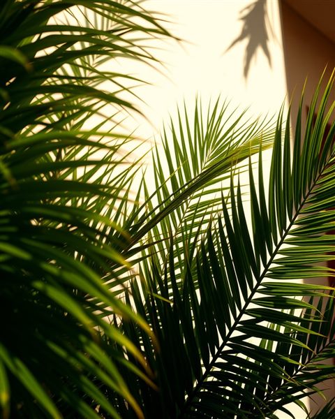 Cinematic film still of Green tropical palm tree leaves casting shadows against a bright sunny wall, close-up detail with shallow depth of field, vivid colors, high contrast, energetic, 4:5 aspect ratio