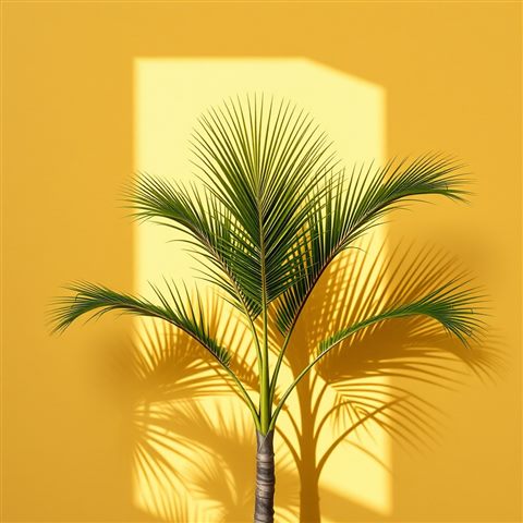 Photorealistic photo of Green tropical palm tree leaves casting shadows against a bright sunny wall, centered subject with a simple uncluttered composition, warm golden light, calm mood, 1:1 aspect ratio