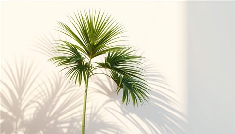 Soft 3D render of Green tropical palm tree leaves casting shadows against a bright sunny wall, wide shot with open space at the top for text, misty morning haze, dreamy, 16:9 aspect ratio