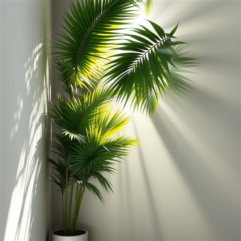 Soft 3D render of Sunlight filtering through lush green tropical palm leaves casting shadows on a wall, wide shot with open space at the top for text, misty morning haze, dreamy, 1:1 aspect ratio