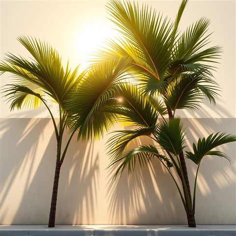 Photorealistic photo of Sunlight filtering through lush green tropical palm leaves casting shadows on a wall, wide shot with open space at the top for text, warm golden light, calm mood, 1:1 aspect ratio