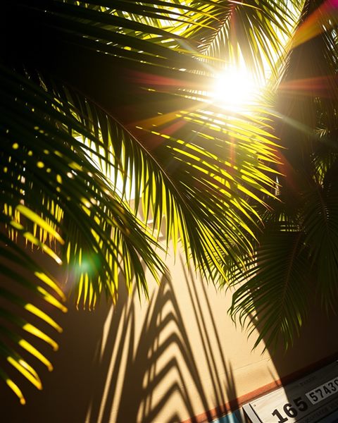 Cinematic film still of Sunlight filtering through lush green tropical palm leaves casting shadows on a wall, high-angle view from above, vivid colors, high contrast, energetic, 4:5 aspect ratio