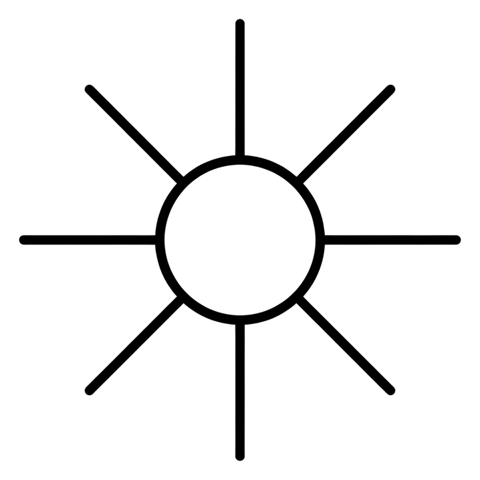 Thin black line icon, minimal outline of a sun weather icon, transparent background PNG