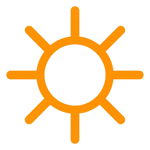 Rounded line icon, thick orange outline of a sun weather icon, transparent background PNG