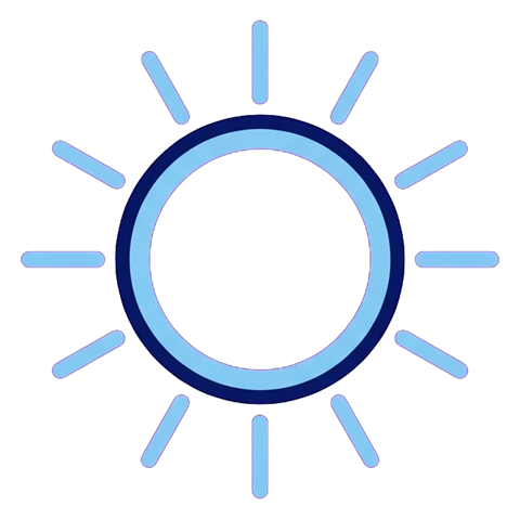 Duotone icon, navy blue and light blue of a sun weather icon, transparent background PNG