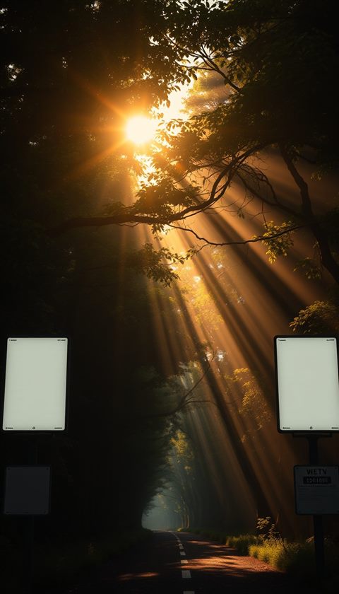 Photorealistic photo of Golden sunbeams streaming beautifully through a peaceful green forest canopy, wide shot with open space at the top for text, moody dark tones, dramatic lighting, 9:16 aspect ratio