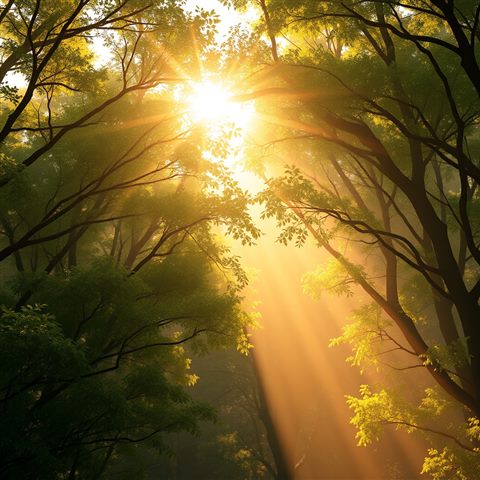 Soft 3D render of Golden sunbeams streaming beautifully through a peaceful green forest canopy, high-angle view from above, misty morning haze, dreamy, 1:1 aspect ratio