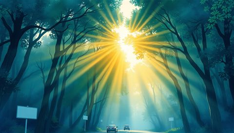 Watercolor illustration of Golden sunbeams streaming beautifully through a peaceful green forest canopy, wide shot with open space at the top for text, cool blue tones, quiet atmosphere, 16:9 aspect ratio