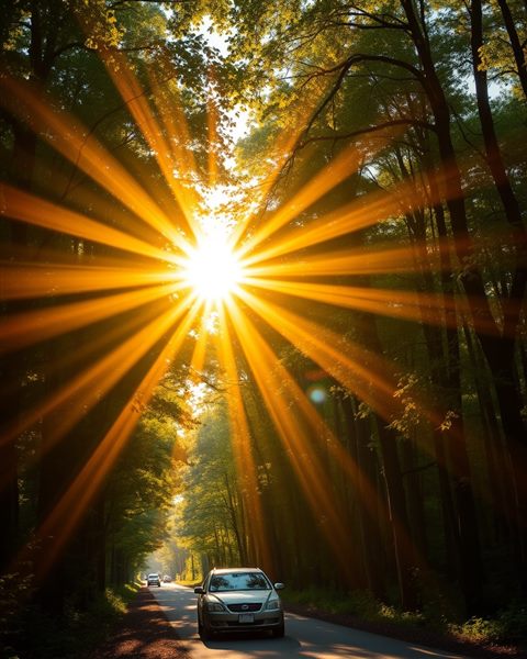 Cinematic film still of Golden sunbeams streaming beautifully through a peaceful green forest canopy, centered subject with a simple uncluttered composition, vivid colors, high contrast, energetic, 4:5 aspect ratio